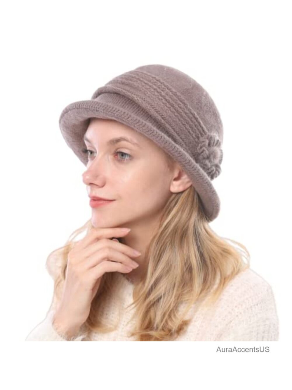 Women Winter Warm Knit Bucket Hat with Faux Fur Flower Accent